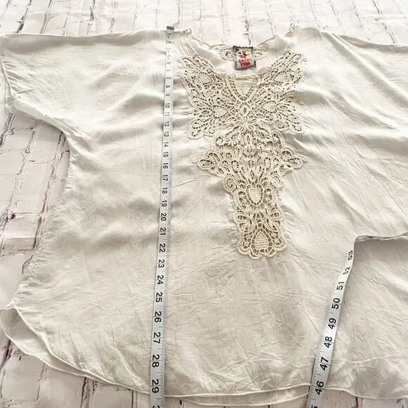 Johnny Was Off White Chalk Short Sleeve Dolman Sleeve Crochet Appliqué Front S - Picture 7 of 10